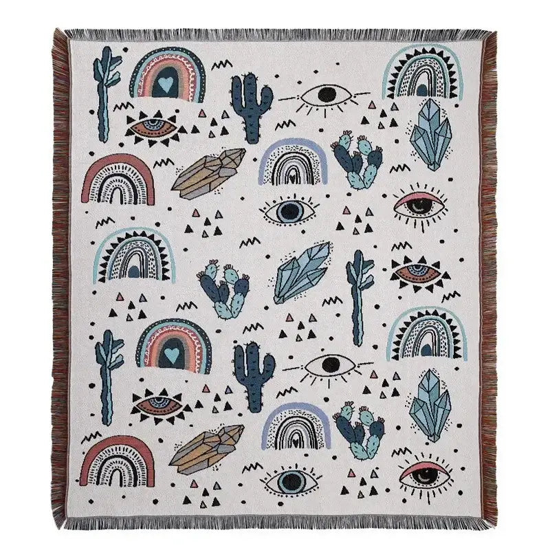 Off-white decorbites bohemian outdoor blanket with whimsical cacti and rainbow pattern for living room or outdoor use