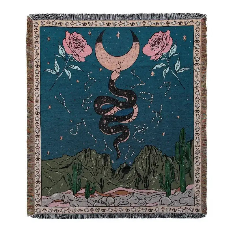 Decorbites bohemian outdoor blanket featuring a black snake and pink roses woven on deep teal gray tiger tapestry rug