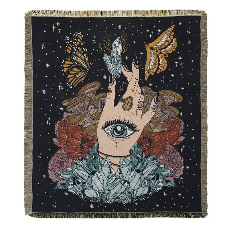 Black woven decorbites bohemian outdoor blanket with eye hand illustration surrounded by mushrooms and crystals