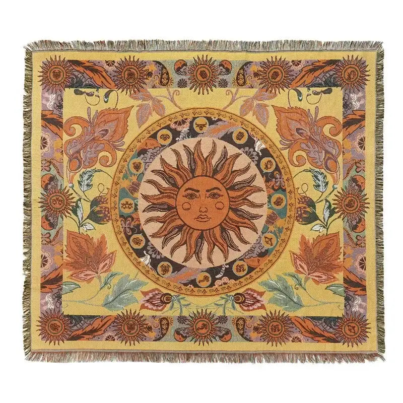 A decorbites bohemian outdoor blanket with a gray tiger tapestry design and warm sun motif for living room decor