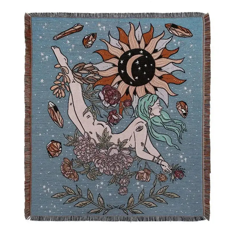 Bohemian outdoor blanket gray tiger tapestry rug featuring a green-haired figure with celestial decorbites bohemian design
