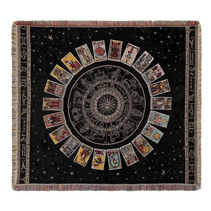 Black woven bohemian outdoor blanket by decorbites with zodiac and tarot design and fringe borders for living room decor