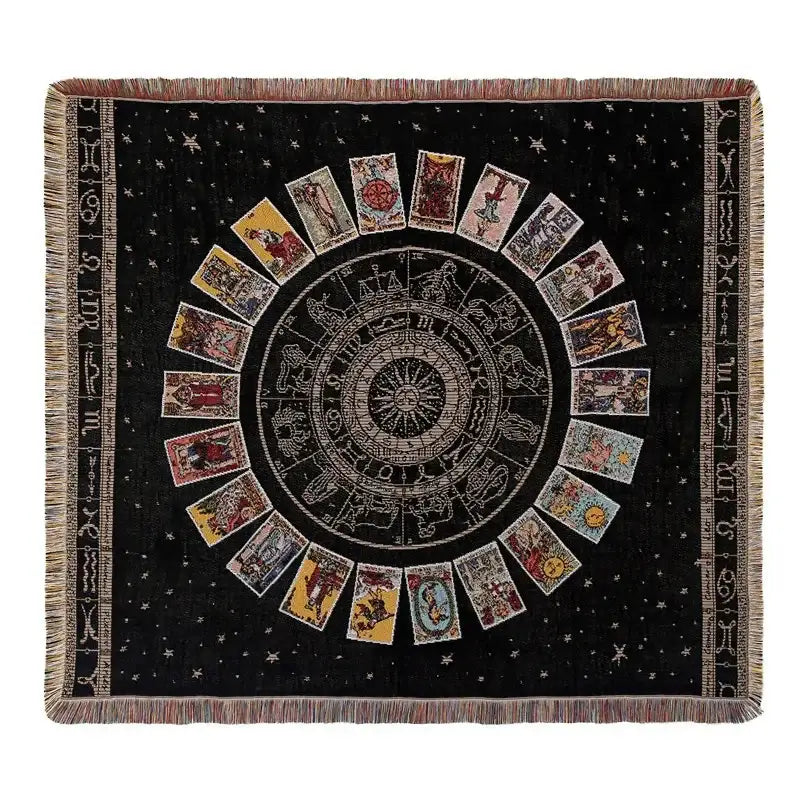 Black woven bohemian outdoor blanket by decorbites with zodiac and tarot design and fringe borders for living room decor