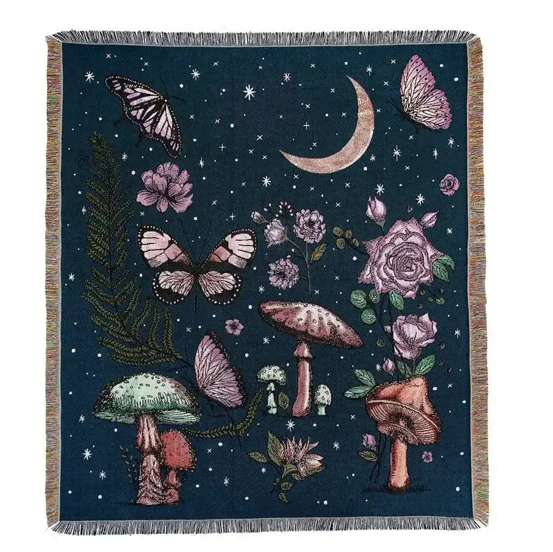 A dark teal decorbites bohemian outdoor blanket with pink butterflies and a crescent moon on starry night sky design