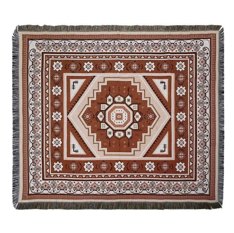 Decorbites bohemian outdoor blanket with brown and cream geometric patterns and fringed edges for living room decor