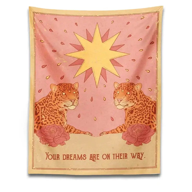Bohemian pink and cream leopard tapestry wall hanging with two leopards and a yellow star for bedroom decorbites leopard tapestry decor