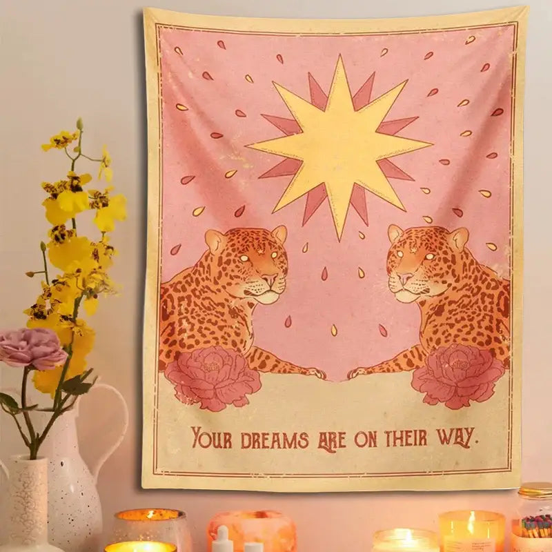 Bohemian pink and cream decorbites leopard tapestry wall hanging with two leopards and star featuring motivational text