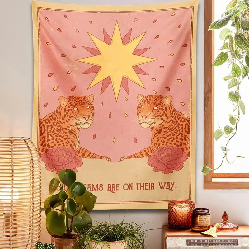 Bohemian pink and cream decorbites leopard tapestry wall hanging featuring two leopards and dreams are on their way text