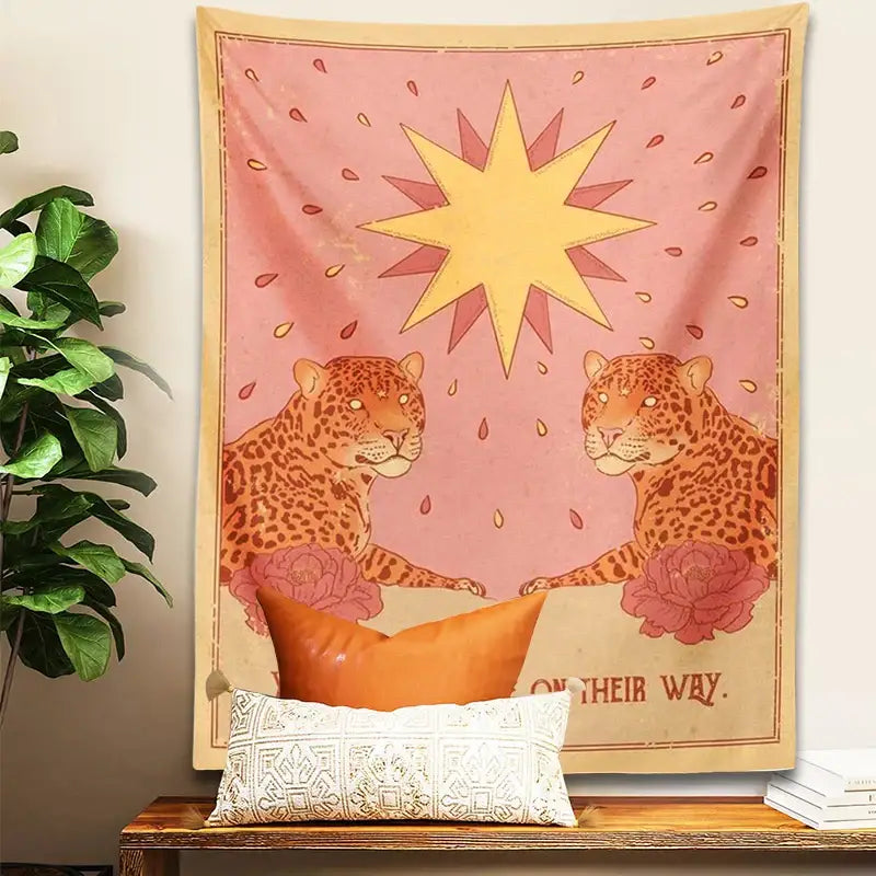 Bohemian pink and cream leopard tapestry wall hanging with orange and pink design and yellow starburst for bedroom decorbites leopard tapestry