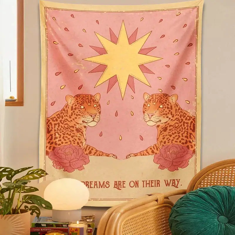 Bohemian pink and cream decorbites leopard tapestry wall hanging with two leopards and dreams are on their way text