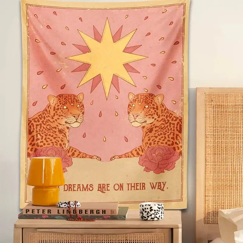 Bohemian pink and cream decorbites leopard tapestry wall hanging with two leopards under a star and red dreams are on their way text
