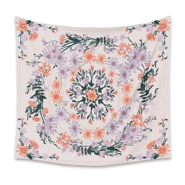 A cream-colored mandala flower wall hanging with soft orange and lavender blossoms and dark green foliage for decorbites bohemian mandala decor