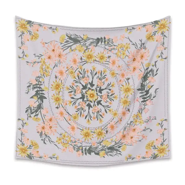 Bohemian pink and green mandala flower wall hanging featuring peach and yellow blossoms for bedroom decorbites decor