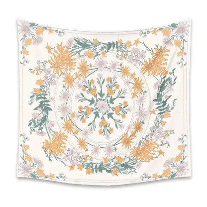 A cream-colored decorbites bohemian mandala wall hanging featuring a symmetrical mandala flower in pink and green tones