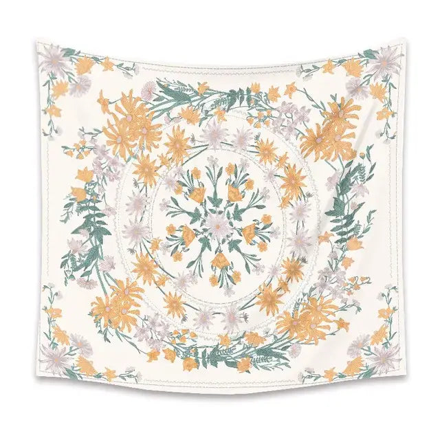 A cream-colored decorbites bohemian mandala wall hanging featuring a symmetrical mandala flower in pink and green tones
