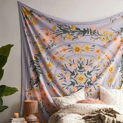 A soft lavender mandala flower wall hanging with vibrant yellow and peach blossoms for decorbites bohemian mandala decor