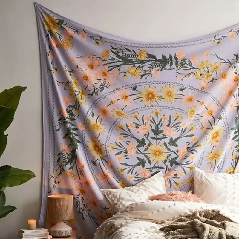 A soft lavender mandala flower wall hanging with vibrant yellow and peach blossoms for decorbites bohemian mandala decor