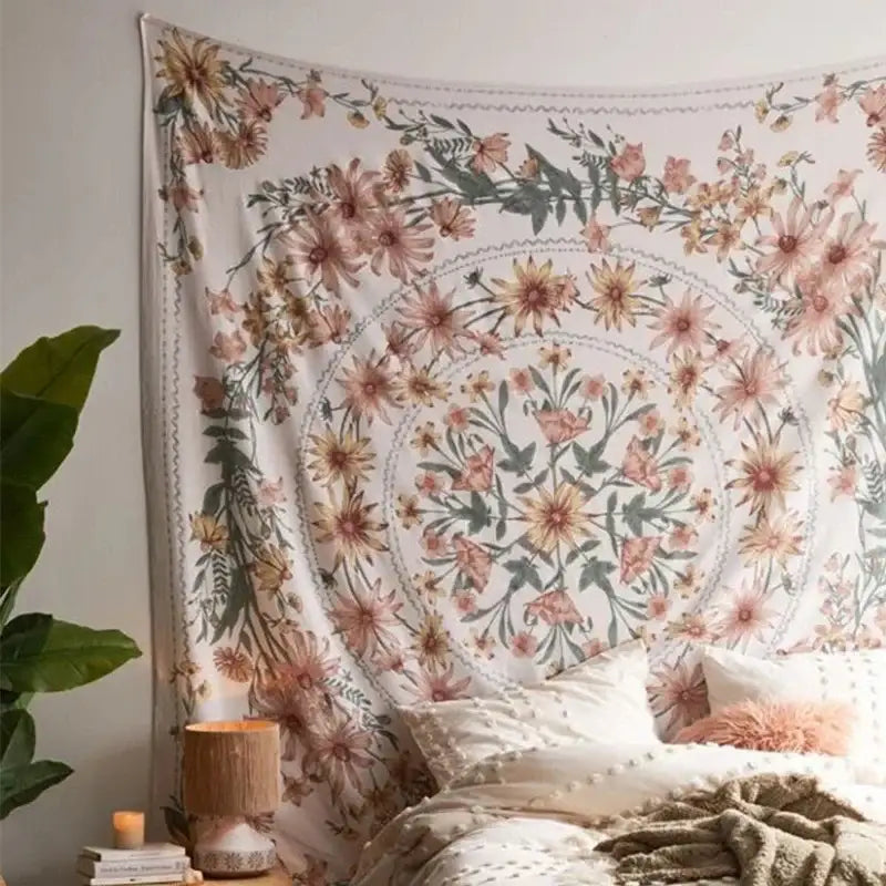 Bohemian pink and green mandala flower wall hanging by decorbites featuring a soft floral tapestry for bedroom decor