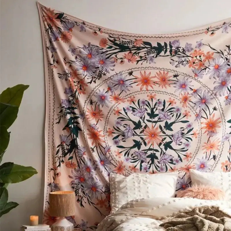 A soft peach-colored floral tapestry wall hanging featuring intricate mandala flower patterns for bohemian decorbites bohemian mandala decor