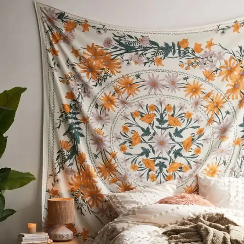 Bohemian pink and green mandala flower wall hanging with vibrant orange and lavender floral decorbites bohemian mandala design