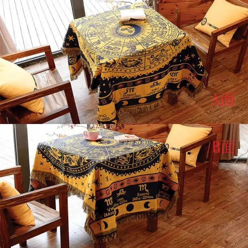 Bohemian pink and red knitted cotton throw blanket with vibrant yellow and navy blue astrological tablecloth decorbites knitted cotton throw decor