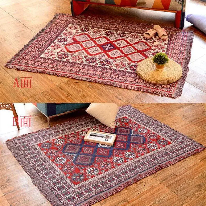 Bohemian pink and red decorbites knitted cotton throw blanket with red and beige patterned rug design and fringed edges