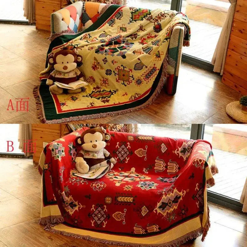 Bohemian pink and red decorbites knitted cotton throw blanket with warm geometric patterns and fringe edges for bedroom decor
