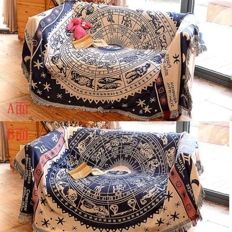 A cozy circular throw blanket with navy blue and cream knitted cotton decorbites featuring zodiac embroidery