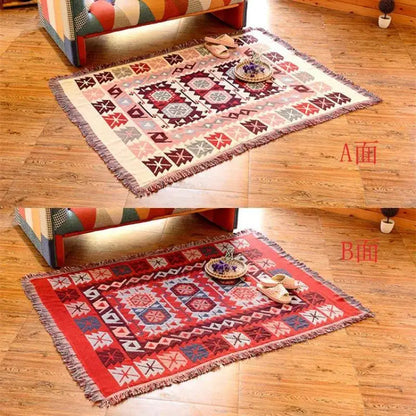 Bohemian pink and red decorbites knitted cotton throw blanket with reversible geometric design for bedroom decor