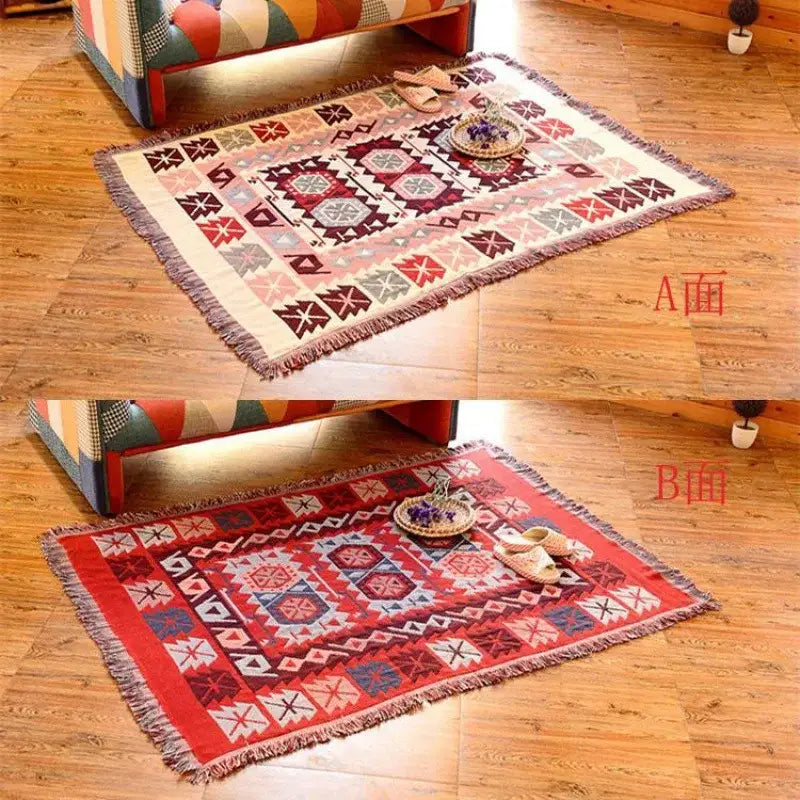 Bohemian pink and red decorbites knitted cotton throw blanket with reversible geometric design for bedroom decor