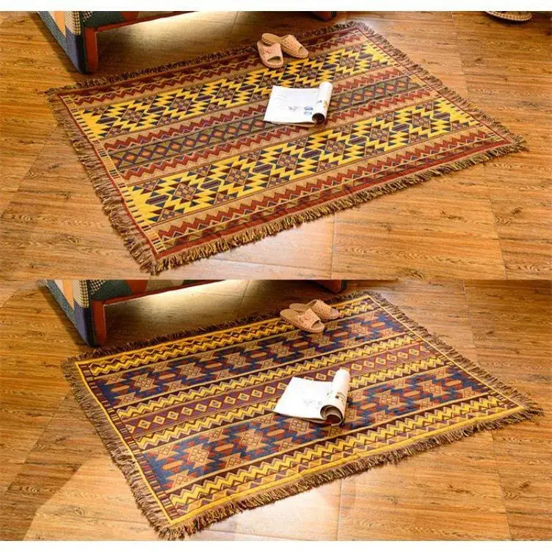 A woven throw blanket with geometric yellow brown and navy blue patterns and fringed edges for decorbites knitted cotton decor