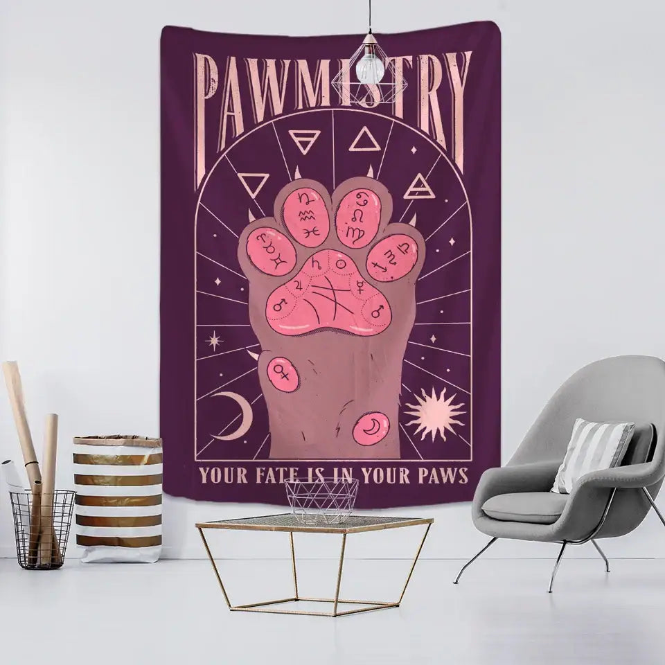 Bohemian purple cat paws tapestry with pink paw print and astrological symbols for bedroom astrology decorbites cat paws