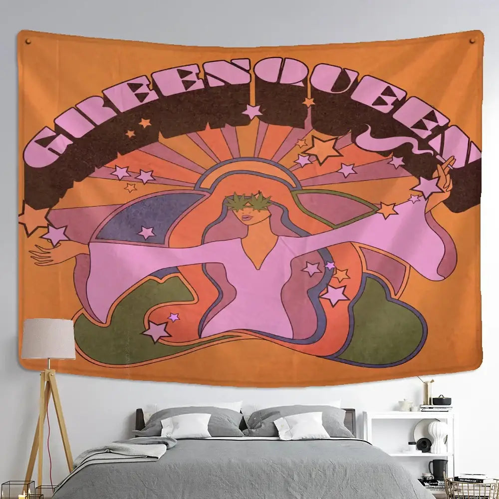 A vibrant orange bohemian cat paws tapestry with psychedelic green queen design for bedroom astrology decorbites cat decor