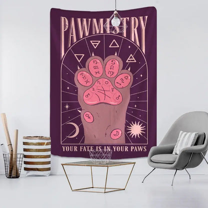 Bohemian purple cat paws tapestry with pink paw print and astrological symbols for bedroom decorbites cat paws decor