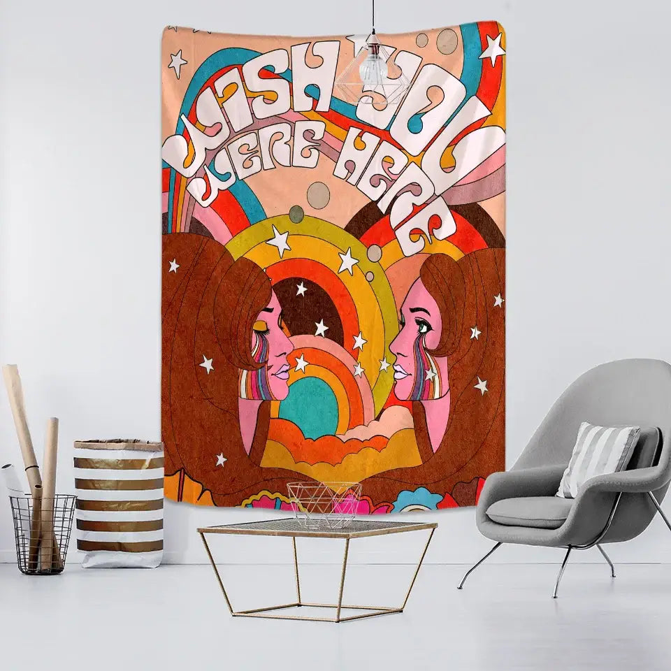Bohemian purple cat paws tapestry with vibrant psychedelic faces and wish you were here text for bedroom decorbites cat decor