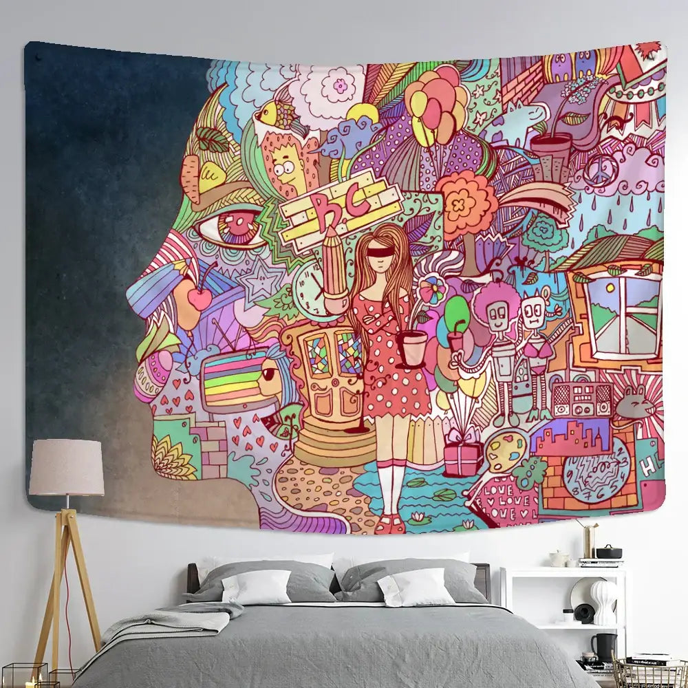 Bohemian purple cat paws tapestry featuring a colorful cartoon girl and whimsical doodles for bedroom astrology decorbites cat paws