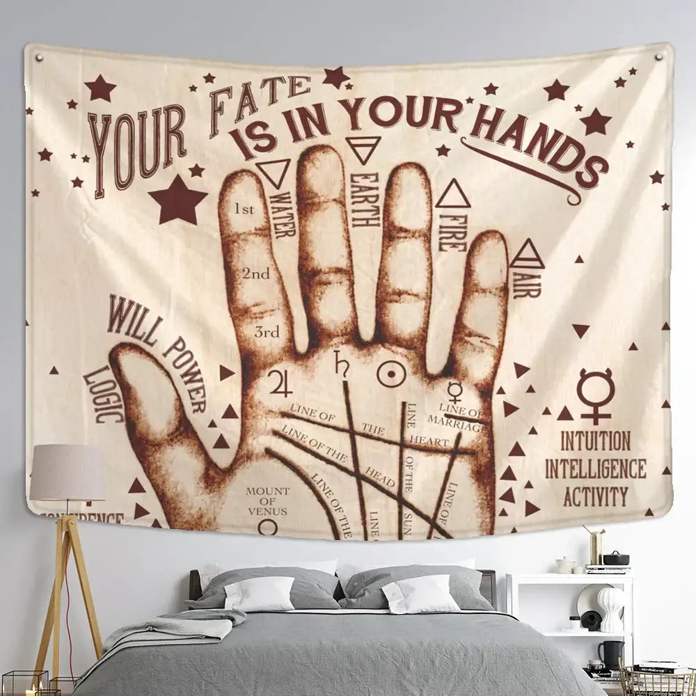 Beige and brown palm reading tapestry with mystical text and astrological symbols for decorbites cat paws wall decor