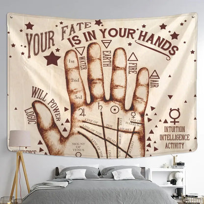 Beige and brown palm reading tapestry with mystical text and astrological symbols for decorbites cat paws wall decor