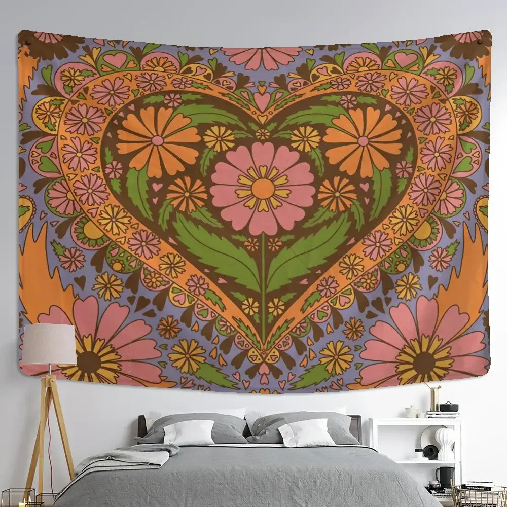 Bohemian purple cat paws tapestry with vibrant heart and floral design on lavender background for decorbites cat paws decor