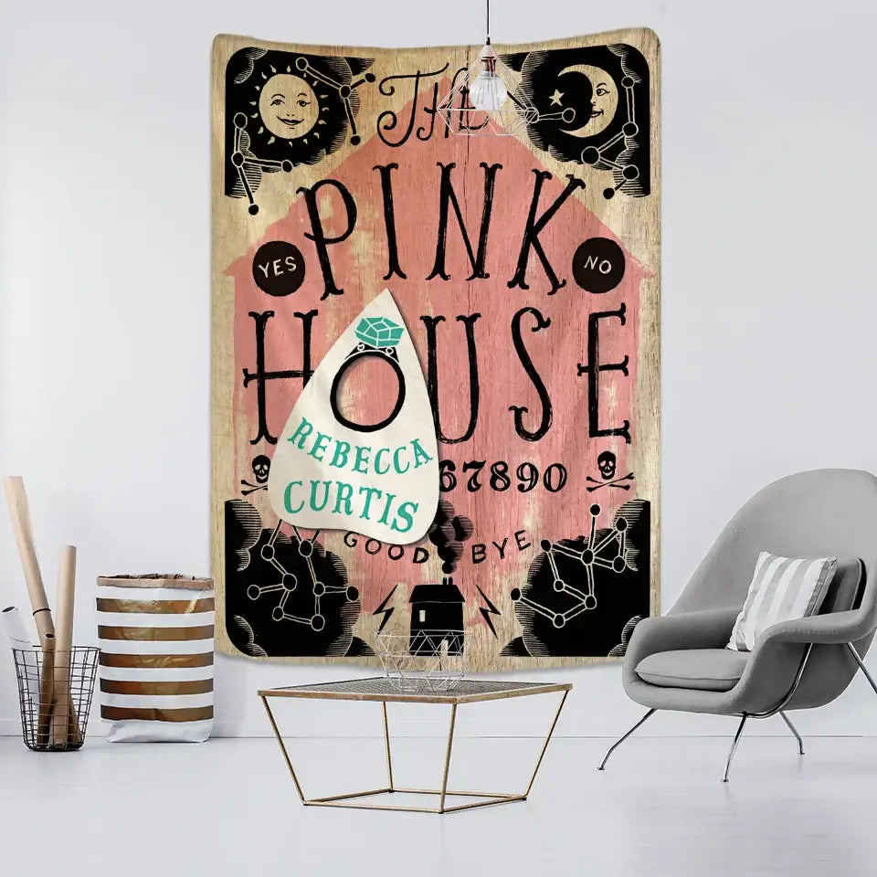 The bohemian purple cat paws tapestry features a vintage pink house ouija board design in black pink and beige on textured fabric decorbites cat paws