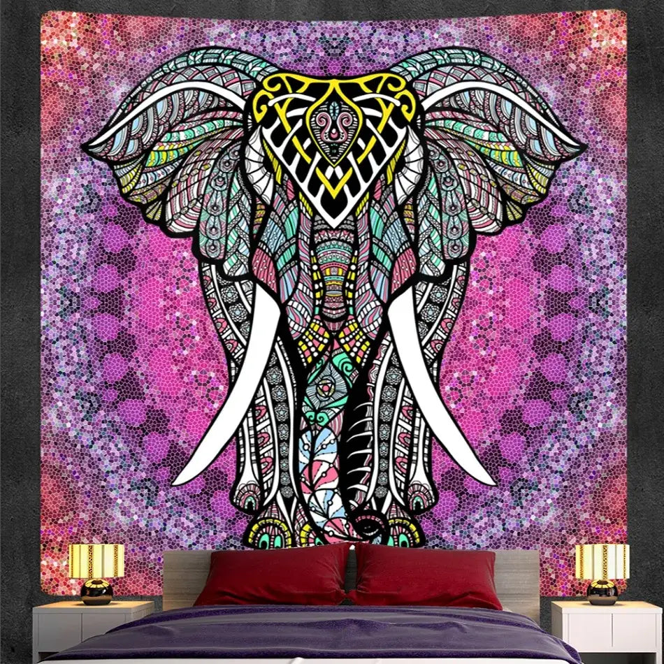 Bohemian purple and pink elephant god mandala tapestry with intricate tribal patterns for decorbites elephant god decor