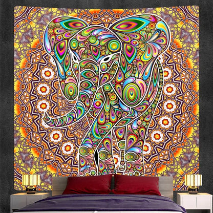 Bohemian purple and pink elephant god mandala tapestry featuring vibrant psychedelic elephant god mandala decorbites design