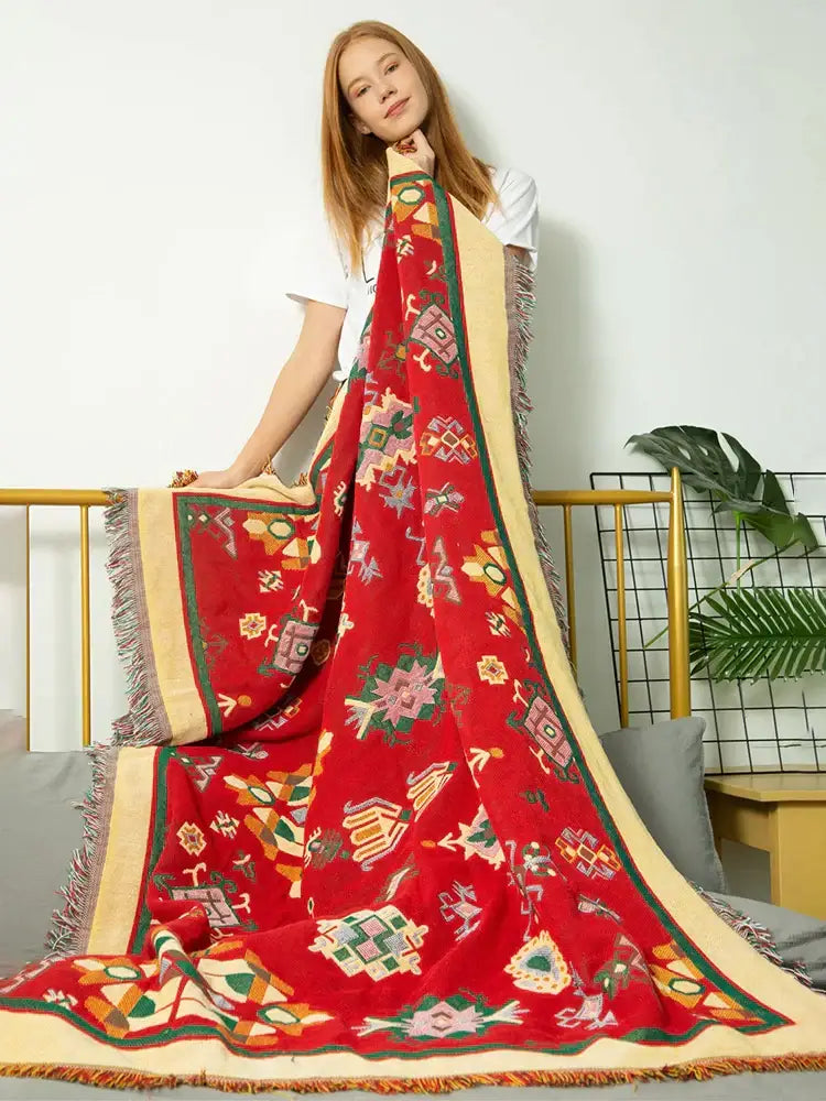 Bohemian cotton thread knitted red throw blanket with intricate geometric patterns and fringed edges for living room decorbites