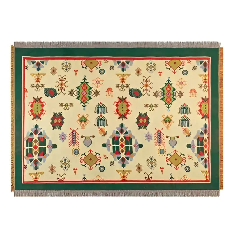Cream-colored decorbites bohemian cotton thread knitted throw blanket with red floral patterns and green fringed edges for living room use