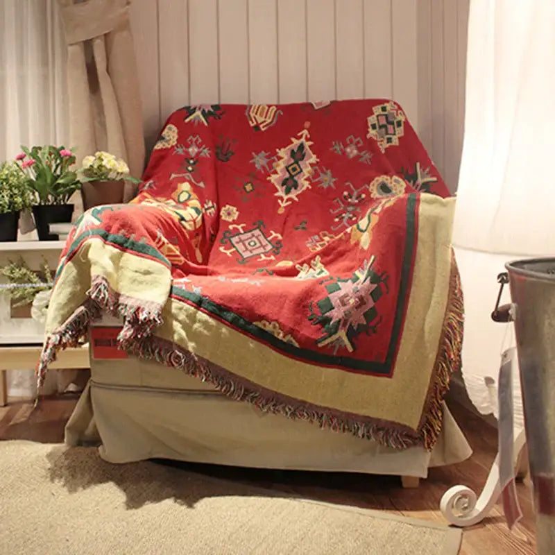 Vibrant red and cream bohemian cotton thread knitted throw blanket with intricate geometric patterns for living room decorbites bohemian cotton