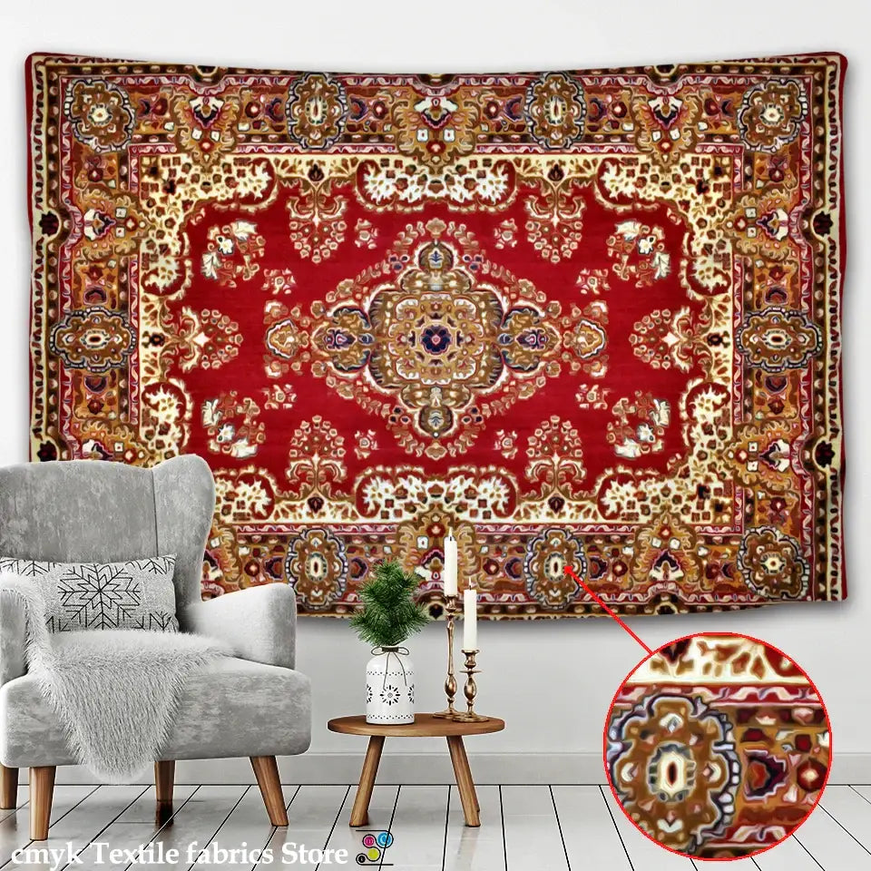 Vibrant red and gold indian mandala tapestry with intricate traditional rug design for bohemian bedroom decorbites indian mandala decor