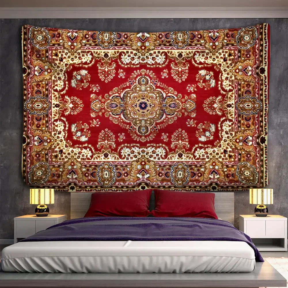 Vibrant bohemian red and gold indian mandala tapestry with intricate floral patterns for bedroom wall decor by decorbites