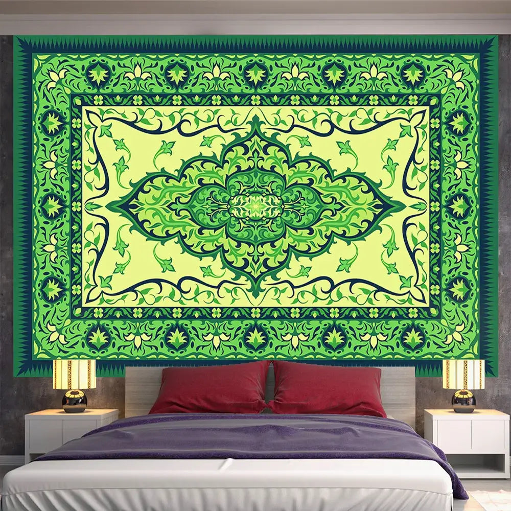 Vibrant green and lime indian mandala tapestry with intricate floral patterns hangs above a bed for bedroom decorbites indian mandala decor