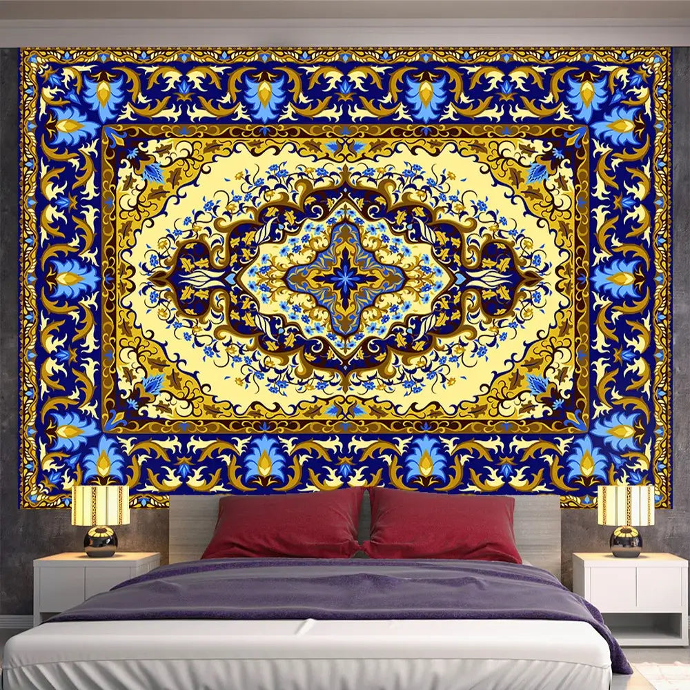 Vibrant blue and gold ornate indian mandala tapestry hanging above bed for decorbites indian mandala bedroom decor