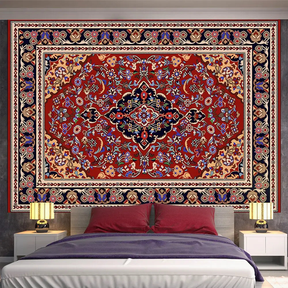 Vibrant red and blue indian mandala tapestry with intricate floral designs hanging as decorbites indian mandala wall decor